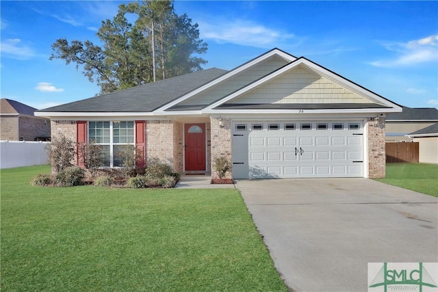 ranch-style house featuring a garage and a front lawn