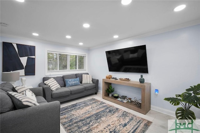 tiled living room featuring crown molding