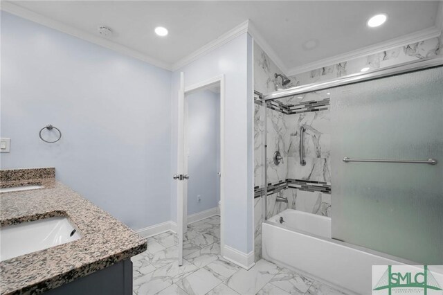 bathroom with double vanity, marble finish floor, combined bath / shower with glass door, and crown molding