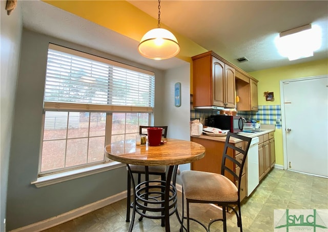 kitchen featuring hanging light fixtures, decorative backsplash, and dishwasher