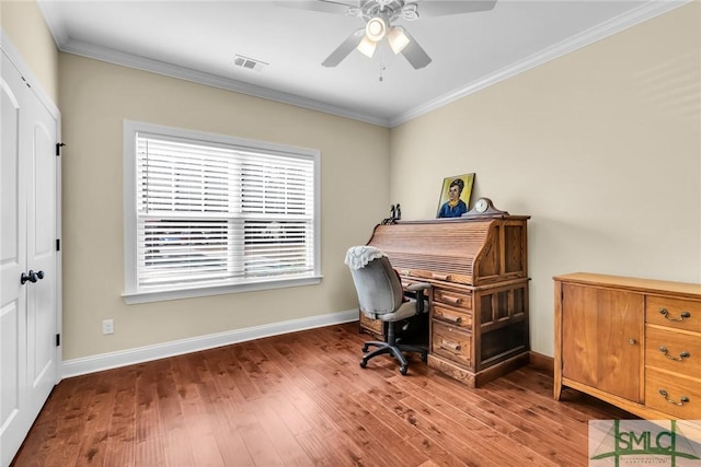 office area with ceiling fan, ornamental molding, and wood-type flooring