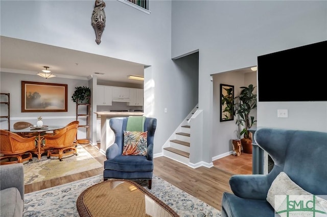 living room with crown molding, light hardwood / wood-style flooring, and a towering ceiling