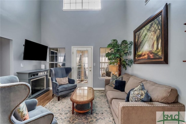 living room featuring hardwood / wood-style floors and a high ceiling