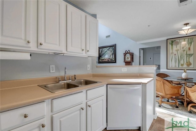 kitchen with white cabinetry, dishwasher, sink, and kitchen peninsula