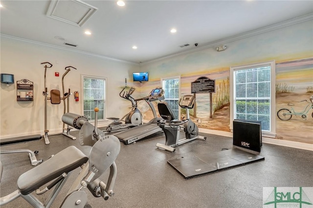 workout room with crown molding and a wealth of natural light