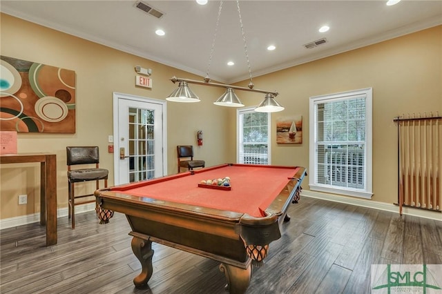 game room featuring wood-type flooring, ornamental molding, and pool table