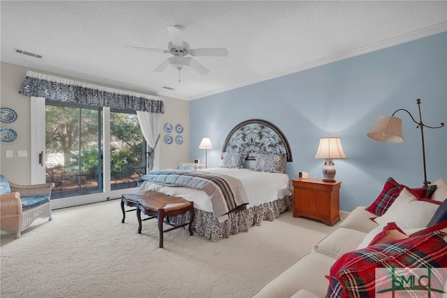 carpeted bedroom with crown molding, access to outside, and ceiling fan