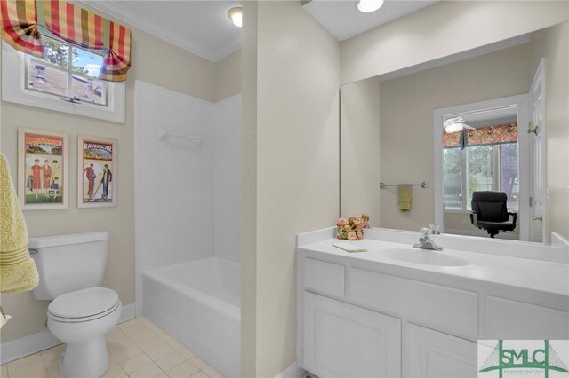 full bathroom with crown molding, shower / bath combination, tile patterned flooring, vanity, and toilet