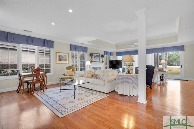 living room featuring light hardwood / wood-style floors, a healthy amount of sunlight, a raised ceiling, and decorative columns