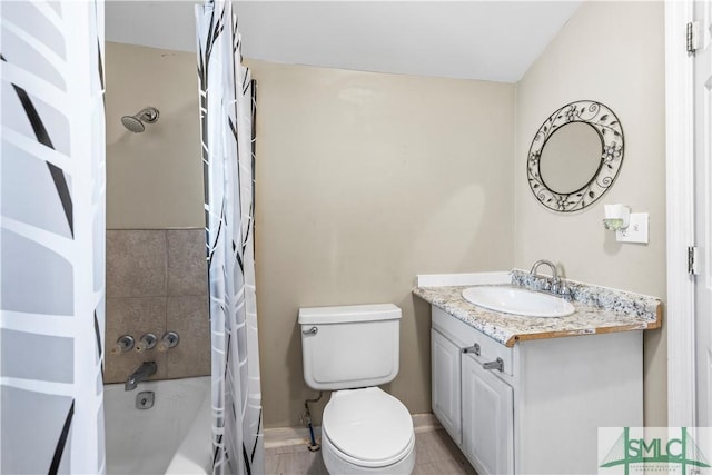 full bathroom with vanity, shower / tub combo with curtain, and toilet