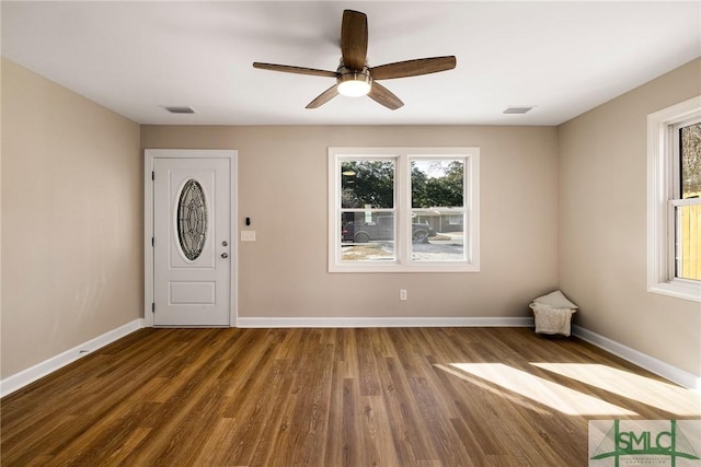 entryway featuring wood-type flooring and ceiling fan