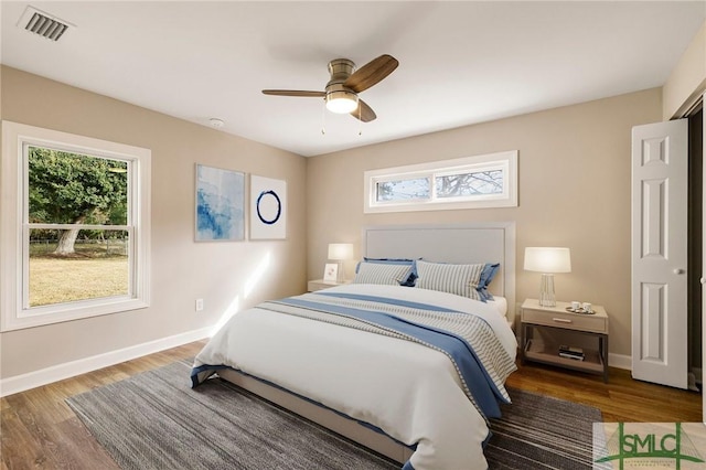 bedroom featuring multiple windows, hardwood / wood-style floors, and ceiling fan