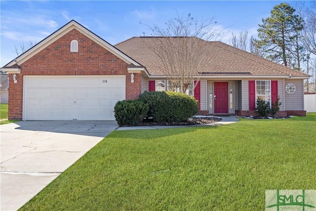 ranch-style house with a garage and a front yard