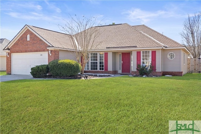 ranch-style house with a garage and a front lawn