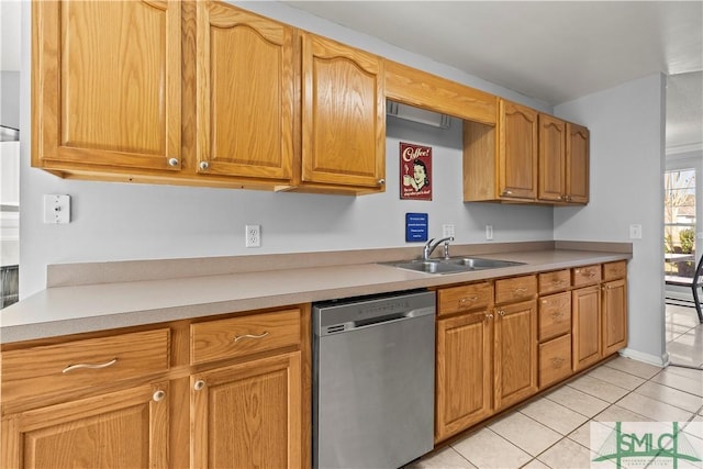 kitchen with light tile patterned flooring, sink, and stainless steel dishwasher