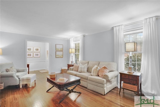 living room with plenty of natural light and light wood-type flooring