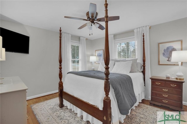 bedroom with light hardwood / wood-style floors and ceiling fan