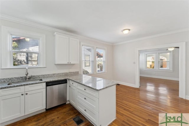 kitchen featuring white cabinetry, dishwasher, sink, and light stone countertops