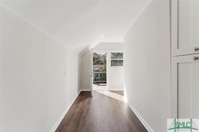 hall featuring lofted ceiling and dark hardwood / wood-style floors