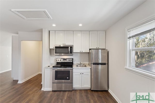 kitchen featuring stainless steel appliances, dark hardwood / wood-style floors, sink, and white cabinets