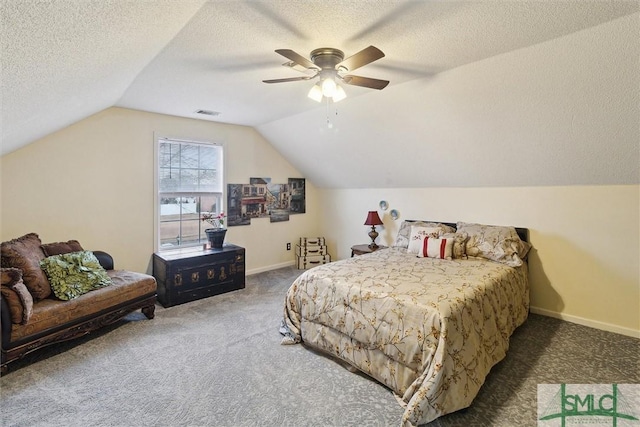 carpeted bedroom with ceiling fan, lofted ceiling, and a textured ceiling