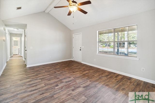 spare room featuring beamed ceiling, ceiling fan, dark hardwood / wood-style flooring, and high vaulted ceiling