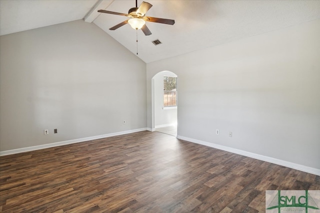 spare room with dark wood-type flooring, ceiling fan, beam ceiling, and high vaulted ceiling