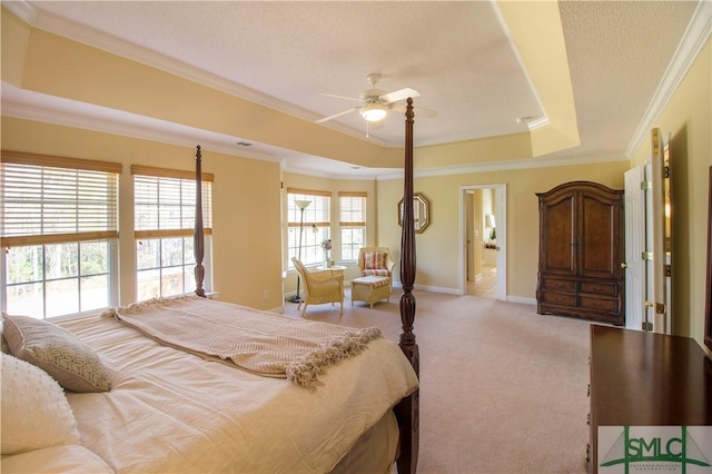 carpeted bedroom with a raised ceiling, crown molding, and connected bathroom