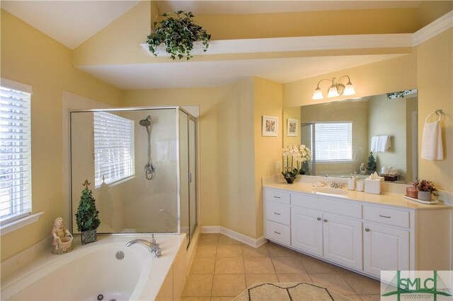 bathroom featuring lofted ceiling, vanity, separate shower and tub, and tile patterned flooring