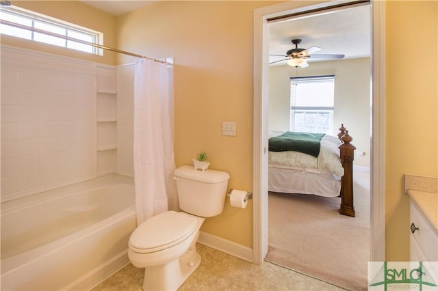 full bathroom with vanity, shower / bath combination with curtain, ceiling fan, and toilet