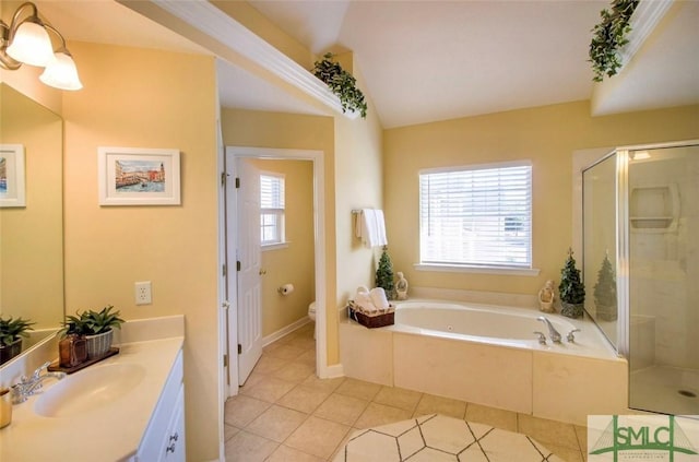 full bathroom with lofted ceiling, toilet, vanity, independent shower and bath, and tile patterned flooring