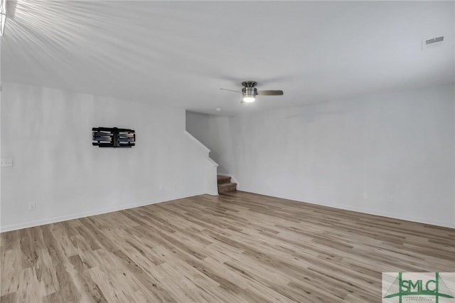 unfurnished living room featuring light hardwood / wood-style floors and ceiling fan