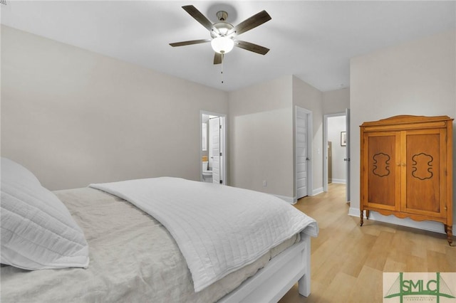 bedroom featuring ceiling fan and light hardwood / wood-style flooring