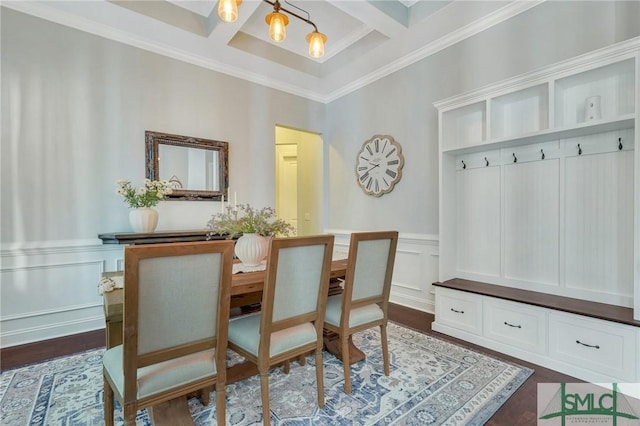 interior space with dark hardwood / wood-style flooring, coffered ceiling, and beamed ceiling