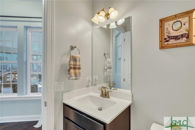 bathroom featuring hardwood / wood-style flooring and vanity