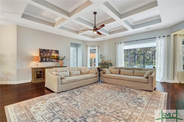 living room featuring beamed ceiling, coffered ceiling, and dark hardwood / wood-style flooring