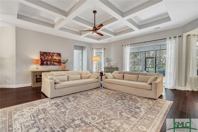 living room featuring beamed ceiling, coffered ceiling, and dark wood-type flooring