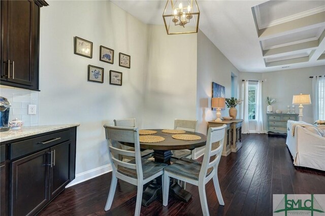 dining area featuring an inviting chandelier, coffered ceiling, and dark hardwood / wood-style flooring