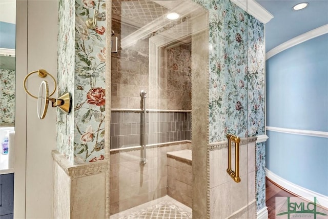 bathroom featuring crown molding, recessed lighting, baseboards, and a shower stall