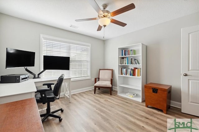 home office with a textured ceiling, light hardwood / wood-style floors, and ceiling fan