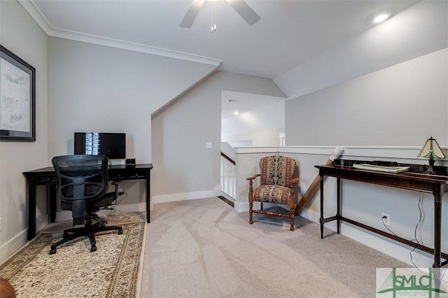 carpeted home office with crown molding and ceiling fan