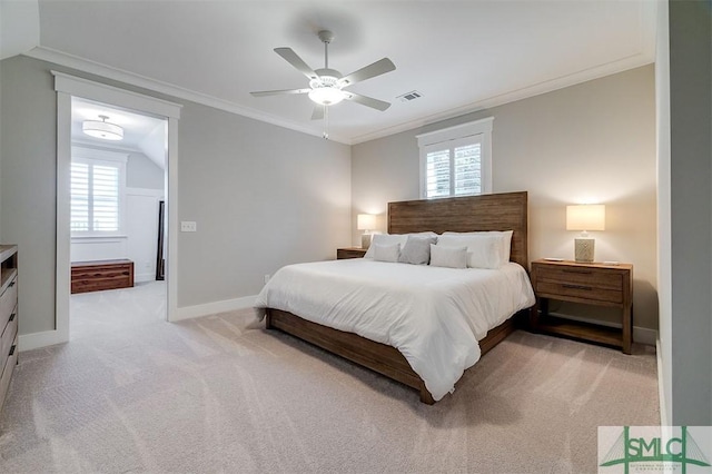 bedroom featuring light carpet, ornamental molding, and ceiling fan