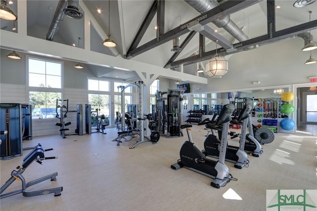 exercise room with plenty of natural light and high vaulted ceiling