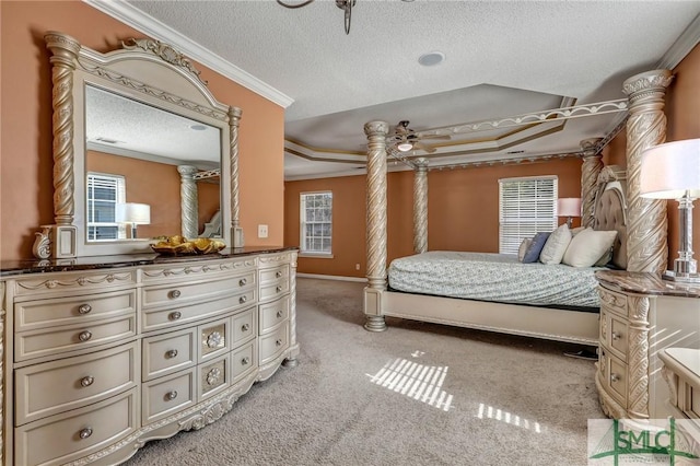 carpeted bedroom featuring multiple windows, a tray ceiling, ornamental molding, and a textured ceiling