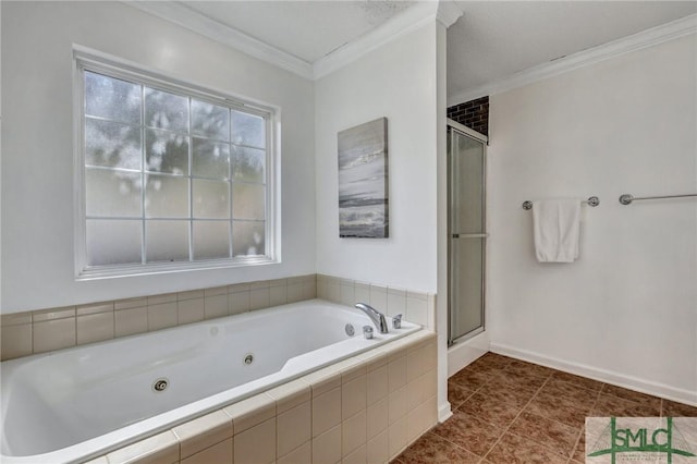 bathroom featuring ornamental molding, shower with separate bathtub, and tile patterned flooring