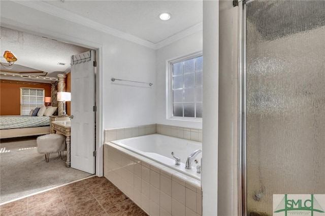 bathroom with independent shower and bath, ornamental molding, and tile patterned flooring