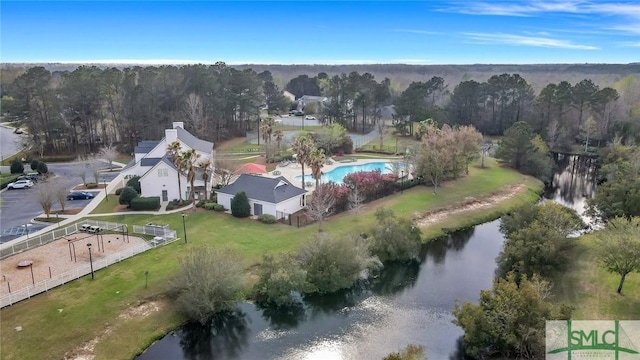 bird's eye view with a water view