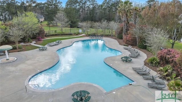 view of swimming pool with a patio area