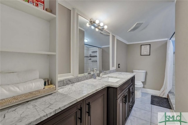 bathroom with tile patterned flooring, vanity, toilet, crown molding, and a shower with shower curtain