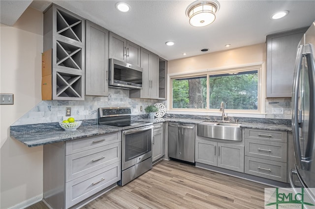 kitchen featuring gray cabinetry, sink, stainless steel appliances, and dark stone counters